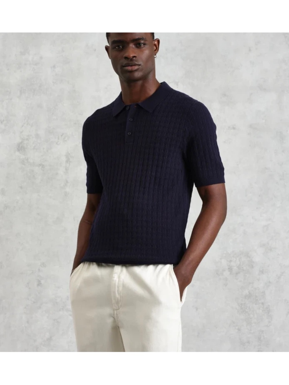 Wax London Naples Cotton Cashmere Knit Polo Short Sleeve Black Large